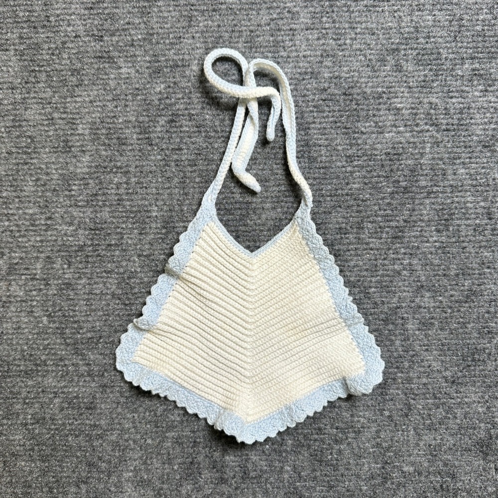 Handmade Crochet Baby Bib Cream Blue Scalloped Edge Knit Vintage Style